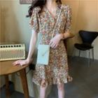 Short-sleeve Flower Print A-line Dress Coffee - One Size