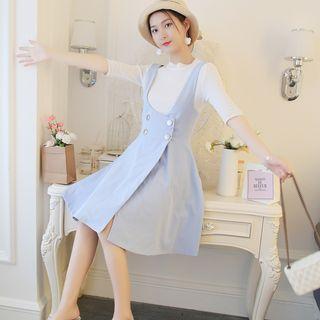 Set: Crew-neck Elbow-sleeve Knit Top + A-line Suspender Dress