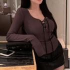 Long-sleeve Scoop-neck Lace-up Top