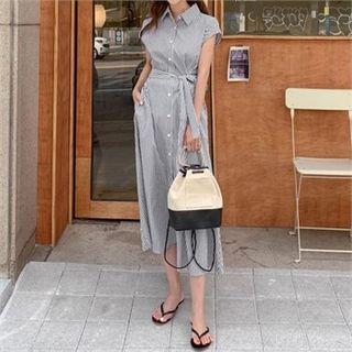 Striped Maxi Shirtdress With Sash Black - One Size