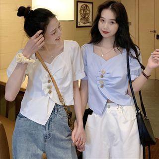 Buttoned Ruched Elbow-sleeve Blouse