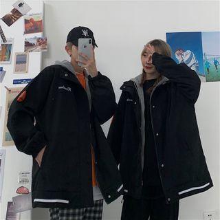Mock Two-piece Letter Embroidered Hooded Zip Jacket