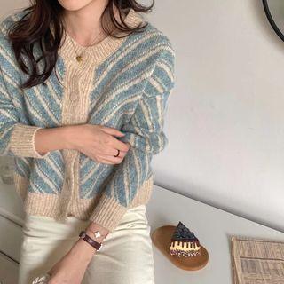 Round-neck Diagonal-stripe Cardigan