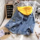 Hooded Ripped Denim Jacket Blue - One Size