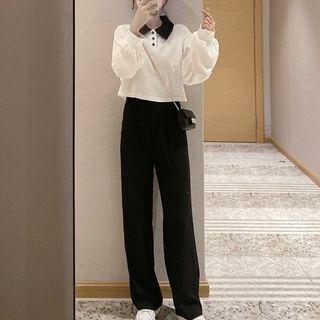 Set: Lantern-sleeve Plain Polo Shirt + High-waist Plain Pants