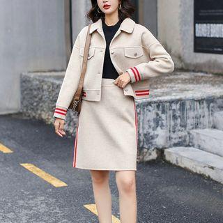 Set: Contrast Trim Button Jacket + A-line Skirt