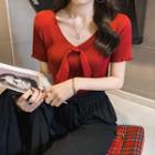 Short-sleeve V-neck Bow Knit Top