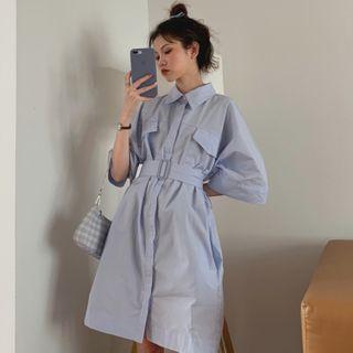 3/4-sleeve Mini A-line Shirt Dress Blue - One Size