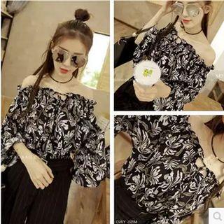 Bell 3/4-sleeve Off-shoulder Leaf Printed Chiffon Top