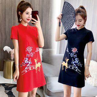 Deer Embroidered Short-sleeve Mini Qipao