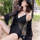 Set: Spaghetti-strap Lace Panel Swimsuit + Bell Sleeve Lace Cover-up