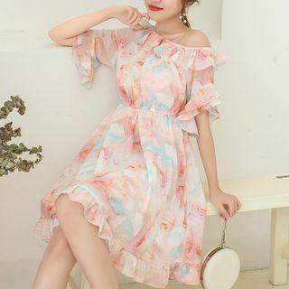Ruffle Floral Off-shoulder Dress Pink - One Size