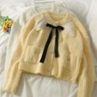 Ribbon-accent Lace-panel Crew-neck Cardigan