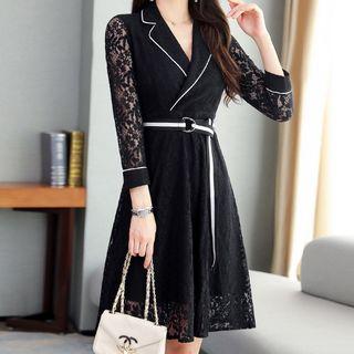 Notch Lapel Long-sleeve A-line Mini Lace Dress