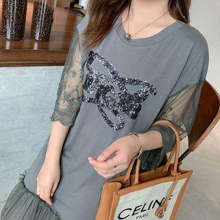 3/4-sleeve Mesh Overlay Midi Dress