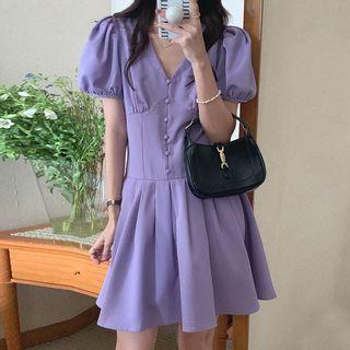 Puff Sleeve V-neck Pleated A-line Dress