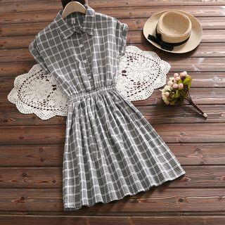 Plaid Gathered-waist Sleeveless Dress