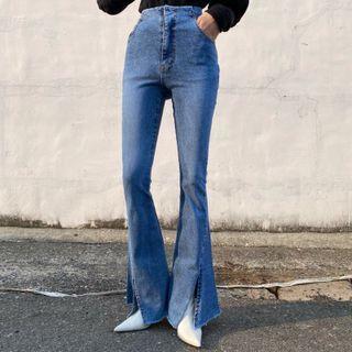 Suspender Slit Denim Flared Jumper Pants