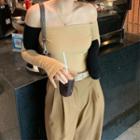 Long-sleeve Off-shoulder Two-tone T-shirt Khaki - One Size