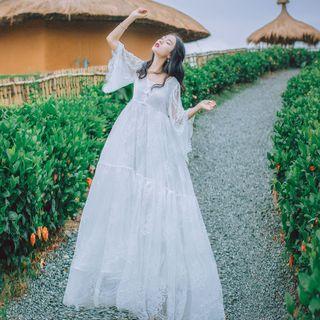 Flared-sleeve Lace Maxi A-line Dress
