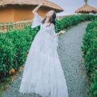 Flared-sleeve Lace Maxi A-line Dress