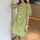 Elbow-sleeve Buttoned A-line Dress Green - One Size