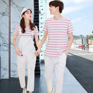 Couple Matching Short-sleeve Striped T-shirt / Pants / Cropped Dungaree