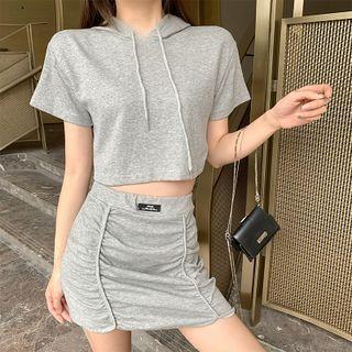Set : Hooded Short-sleeve Top + Pencil Skirt
