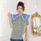Elbow-sleeve Collared Plaid Blouse