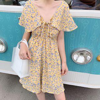 V-neck Floral Drawstring Smock A-line Dress