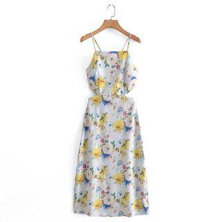 Spaghetti-strap Cut-out Print Midi A-line Dress