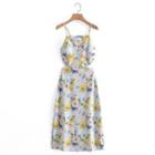 Spaghetti-strap Cut-out Print Midi A-line Dress