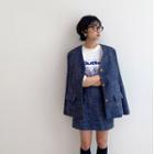 Collarless Buttoned Tweed Jacket Navy Blue - One Size