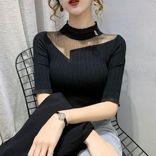 Short-sleeve Lace Panel Mock-neck Knit Top