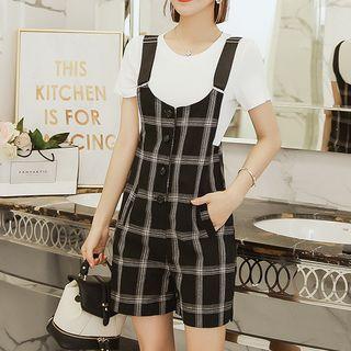 Set: Crew-neck Short-sleeve T-shirt + Plaid Jumper Shorts