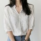 Elbow-sleeve V-neck Perforated Embroidered Loose Fit Shirt