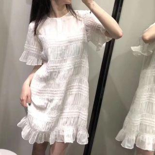Ruffled Short-sleeve Mini A-line Crinkle Dress