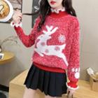 Mock Neck Ruffle Trim Christmas Deer Printed Sweater