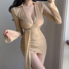 Long-sleeve Plunge-neck Sheer Mini Bodycon Dress