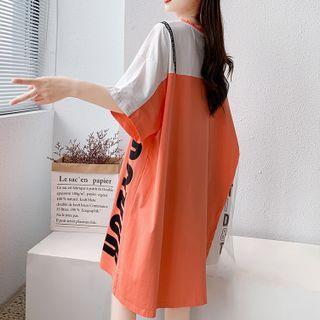 Elbow-sleeve Mesh Panel Lettering Midi Dress