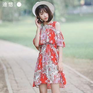 Patterned Cut Out Shoulder Elbow Sleeve Chiffon Dress