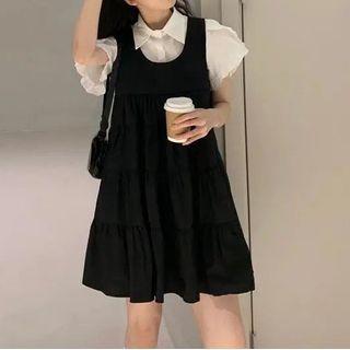 Set: Short-sleeve Plain Shirt / Overall Dress