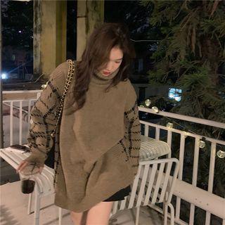 Turtleneck Patterned Panel Sweater Khaki - One Size