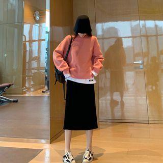 Plain Sweatshirt / Side-slit A-line Midi Skirt
