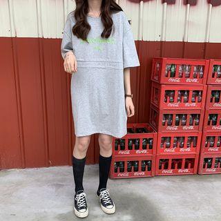 Letter Embroidered Drawstring Elbow-sleeve T-shirt Dress