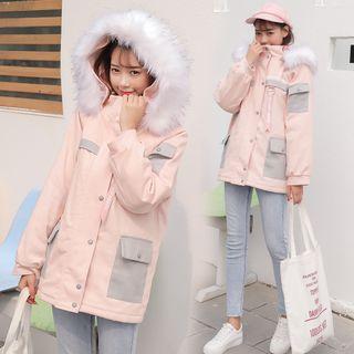 Furry-trim Lettering Hooded Utility Jacket