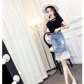 Set: Short-sleeve Top + Denim Pencil-cut Skirt