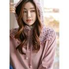 Pompom Lace-panel Velvet Hoodie