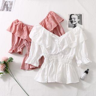V-neck Eyelet Collar Peplum Blouse