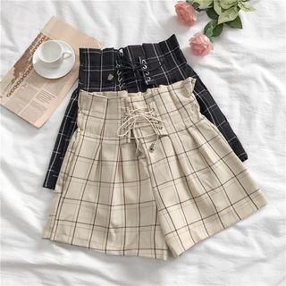 High-waist Lace Up Plaid Shorts